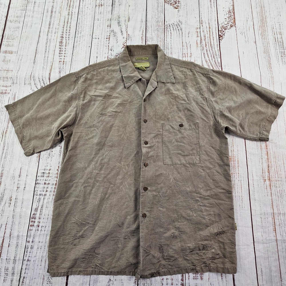 Cabana Washable Silk Tan Floral Print Short Sleeve Button-Up Shirt Men's L